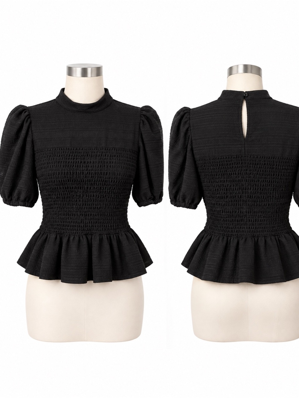 Bagatelle Collection Black Smocked Peplum Top M Puff Sleeve High Neck Blouse
